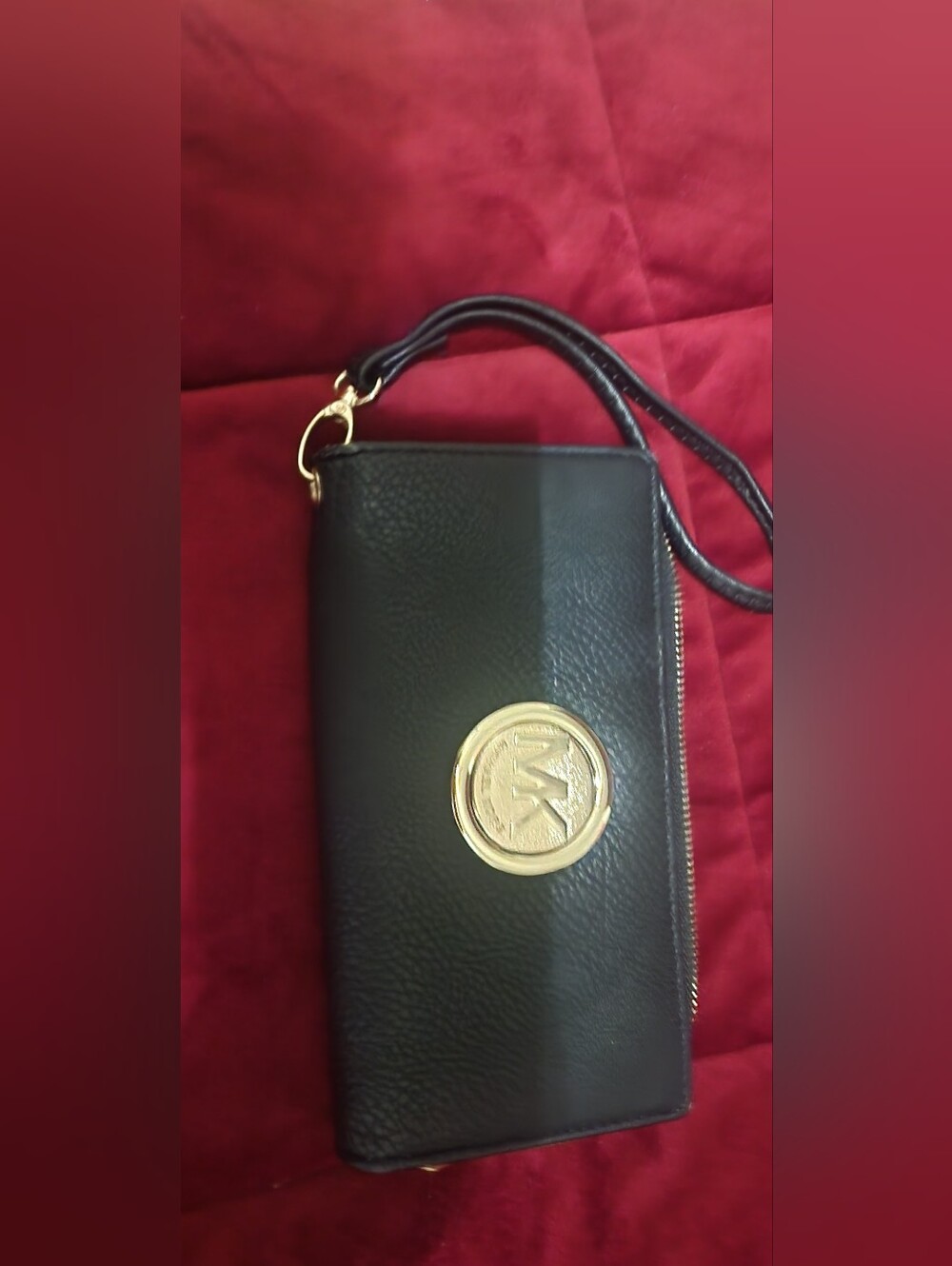 Michael Kors Black Leather Zip Wristlet with Gold MK Emblem